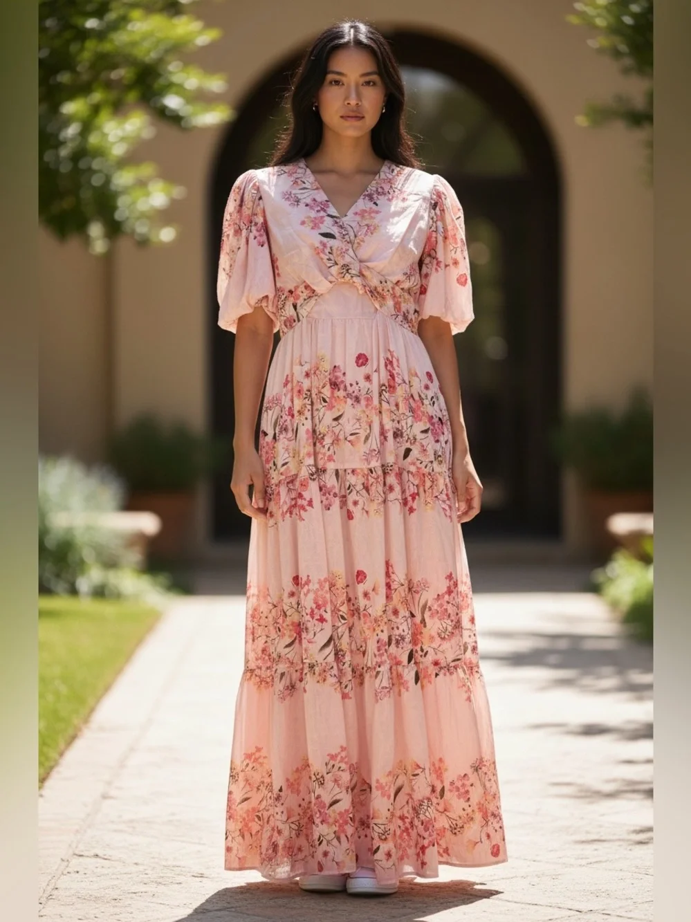 Taylor Floral Puff Sleeve Maxi Dress Pink Tiered Cottagecore Romantic Size 8 NWT
